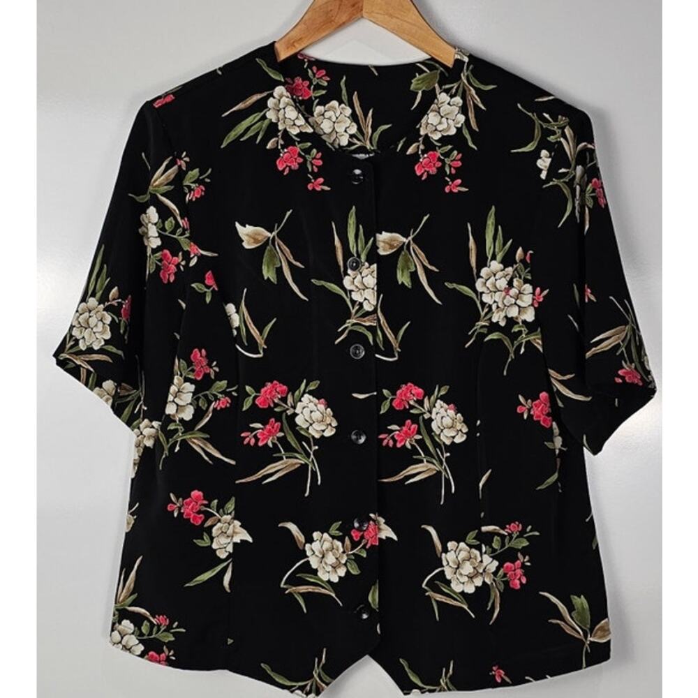 Alfred Dunner black floral button up womens size 14 short sleeve